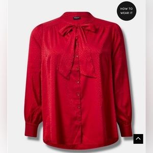 Satin Jacquard Tie Neck Button Up
Blouse